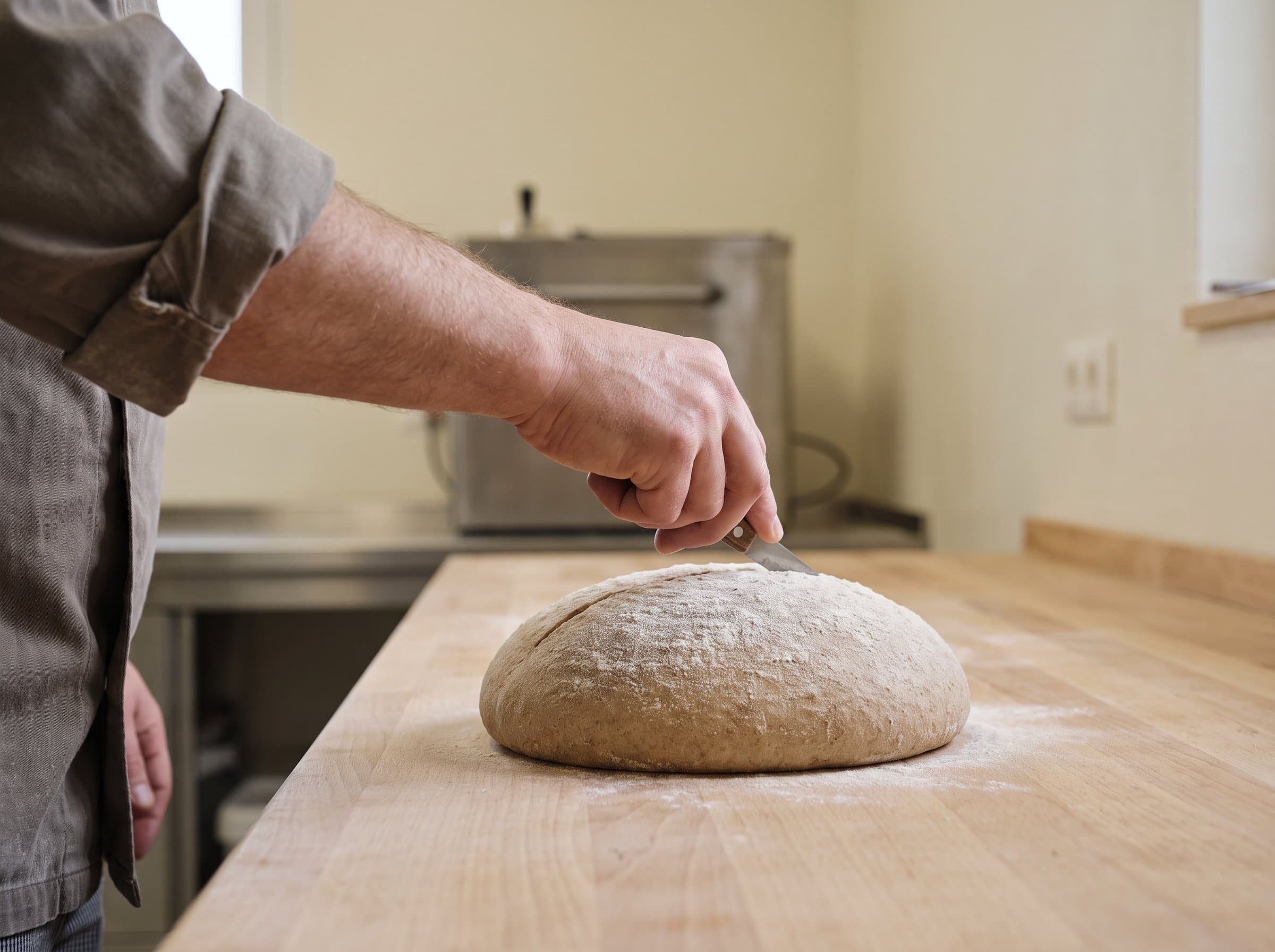 Ein aufgegangener Brotlaib wird vor dem Backen eingeschnitten