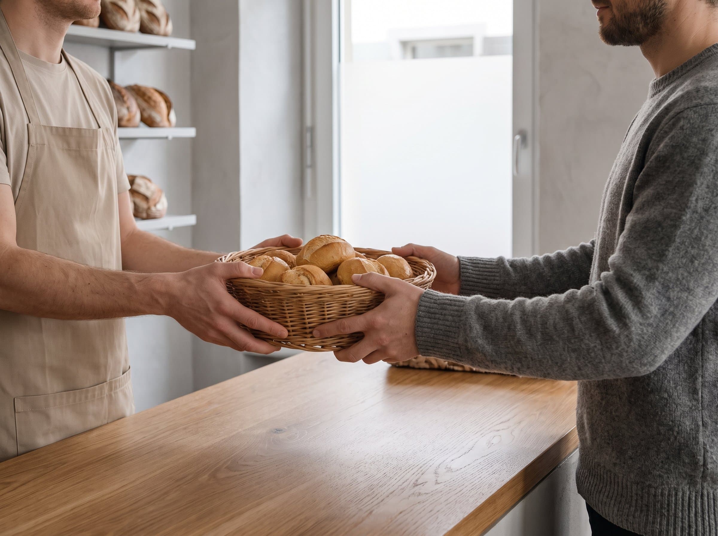 Über die Ladentheke wird ein Korb Brötchen an eine Kundin gereicht
